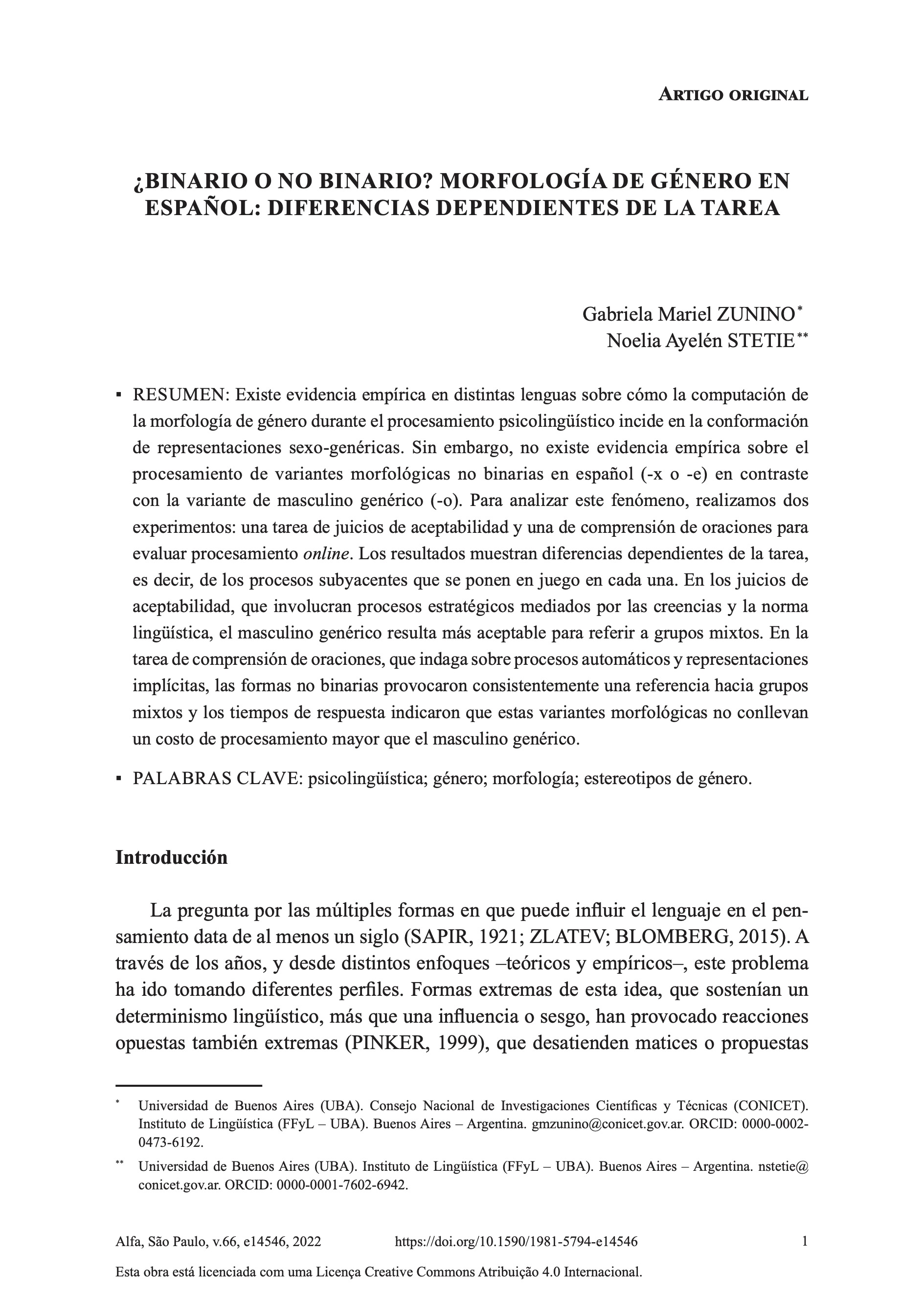 ¿Binario o no binario? Morfología de género en español: diferencias dependientes de la tarea