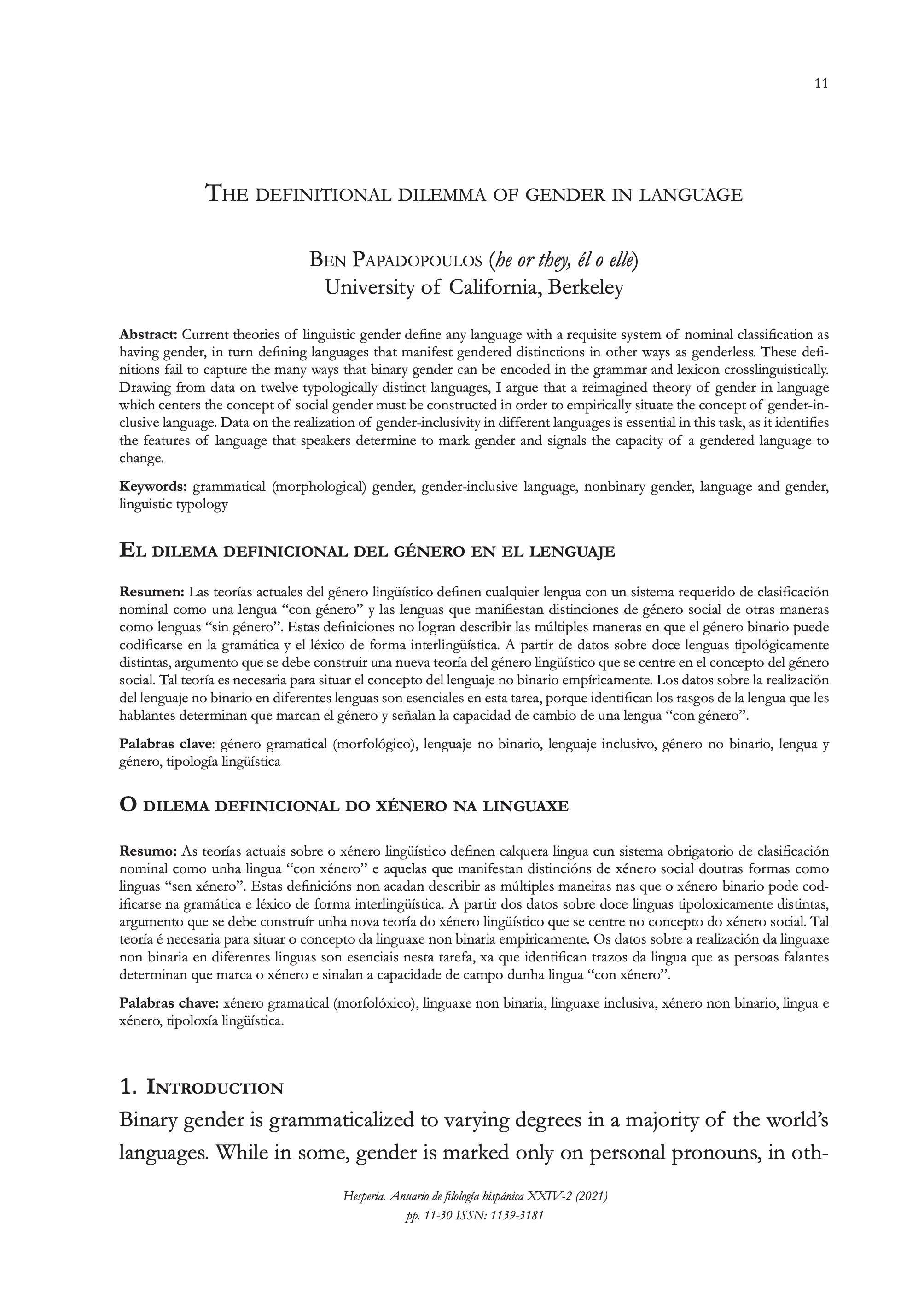 The Definitional Dilemma of Gender in Language