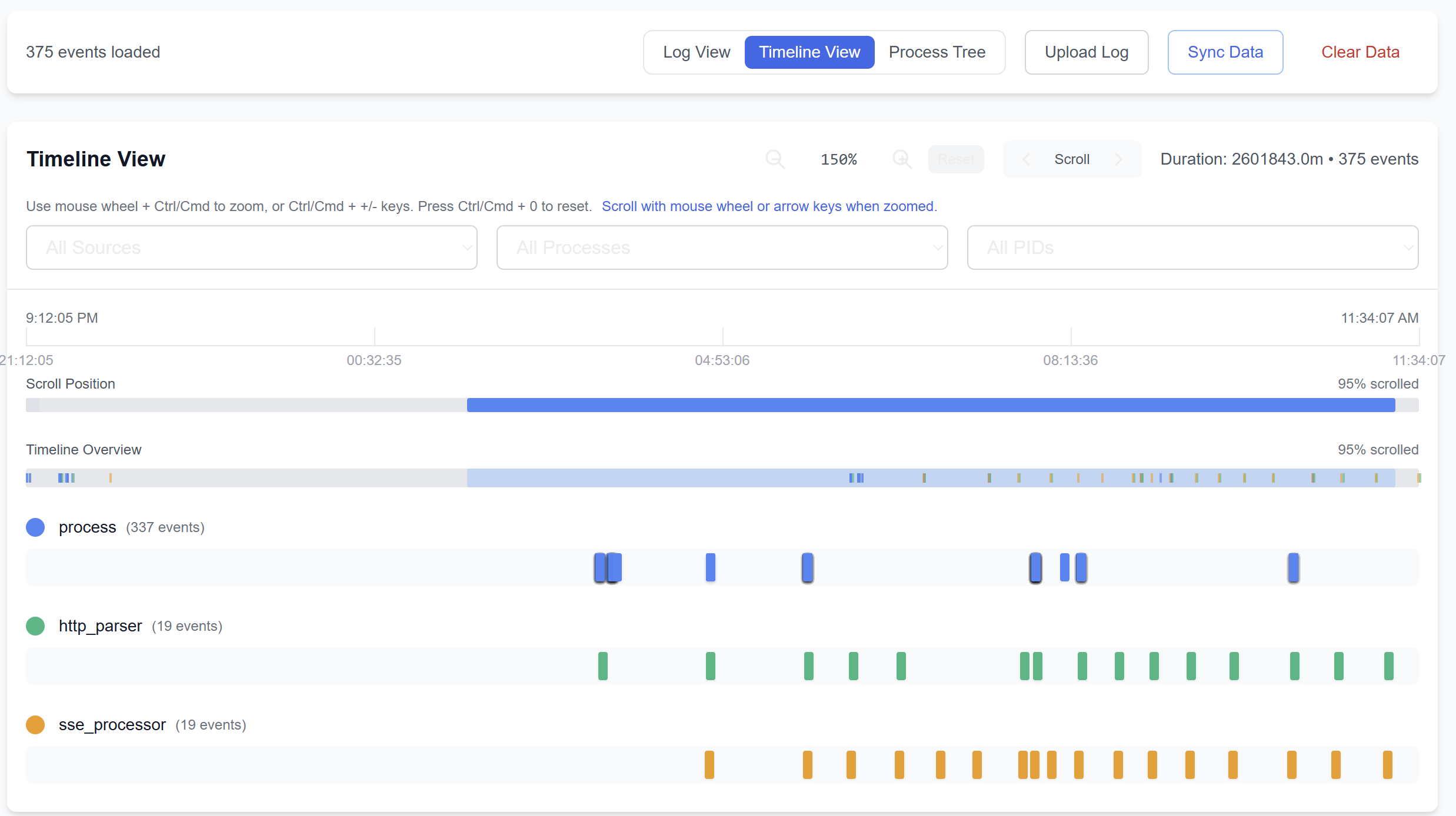 AgentSight timeline showing model, process, file, and network events from a recorded AI agent run