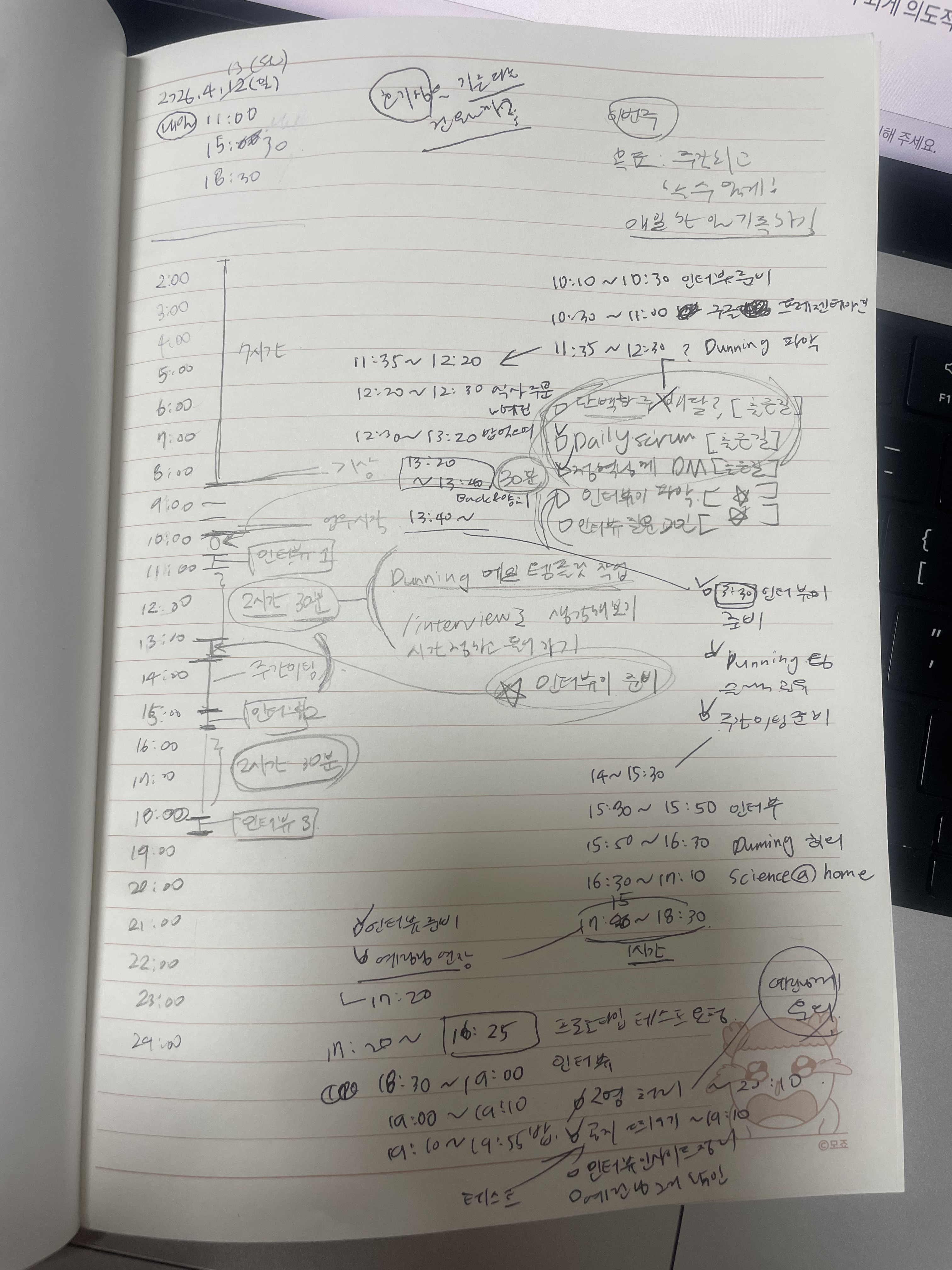 계획한 흐름 옆에 실제 흐름을 나란히 손으로 적고, 끼어든 일은 동그라미와 화살표로 표시한 노트