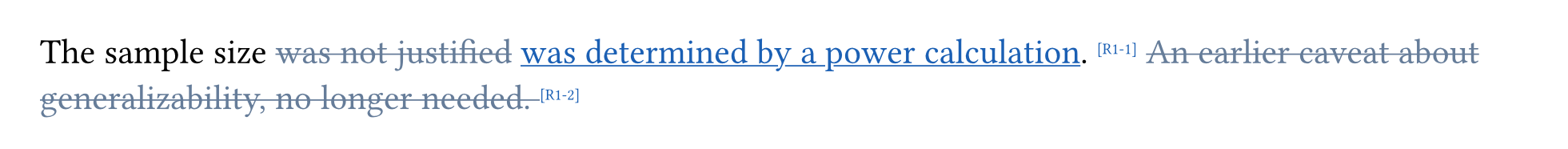 The passage in manuscript-tracked.pdf: a replacement struck and underlined, a deletion struck, both anchor-tagged
