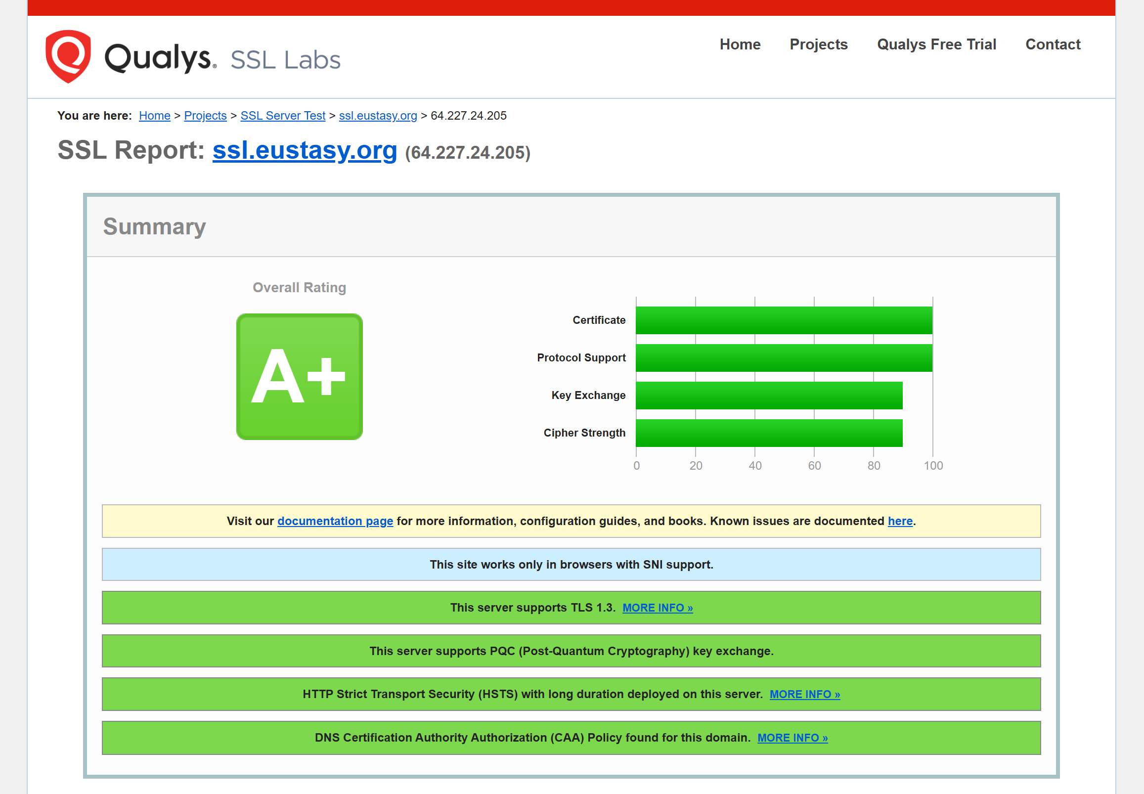 Qualys SSL Labs rating ssl.eustasy.org A+, with 100 for certificate and protocol support and 90 for key exchange and cipher strength