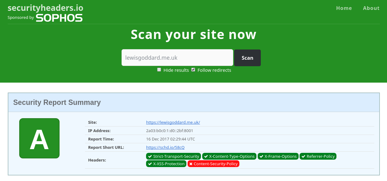 Screenshot of SecurityHeaders.io