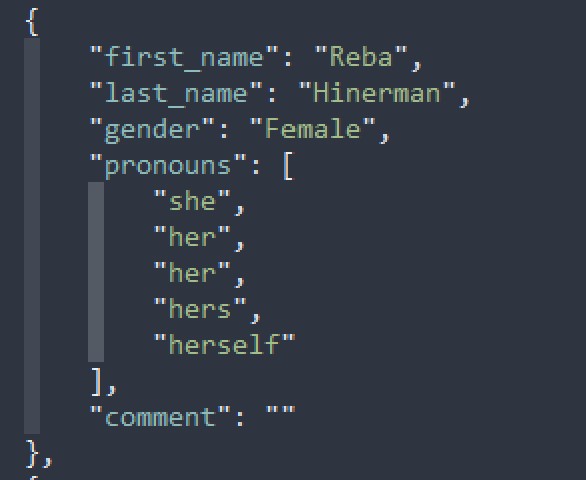Code sample showing how pronouns are laid out in the json file.