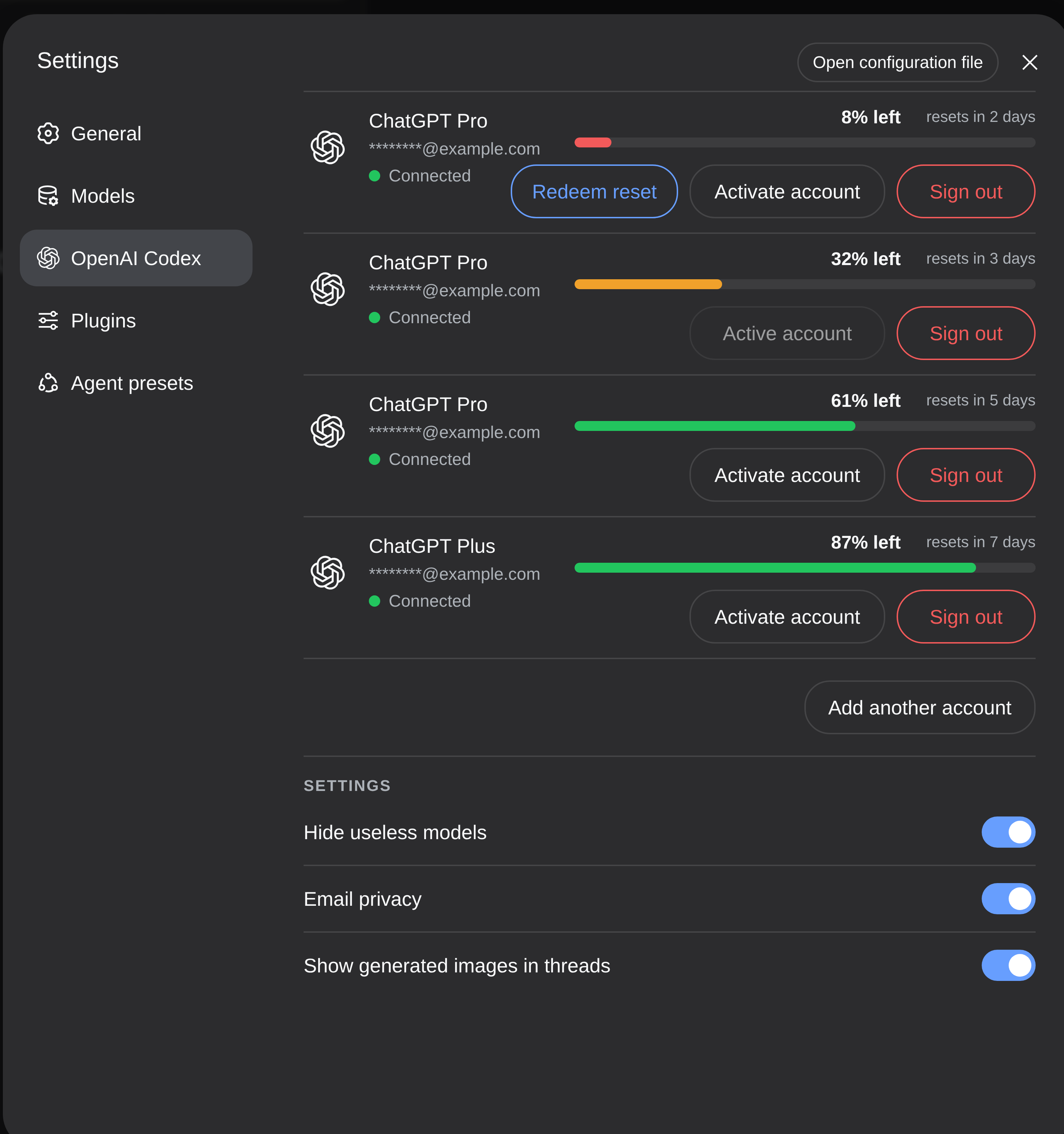 DeepSeek Harness OpenAI Codex settings showing four pooled accounts, weekly usage, account controls, and privacy settings
