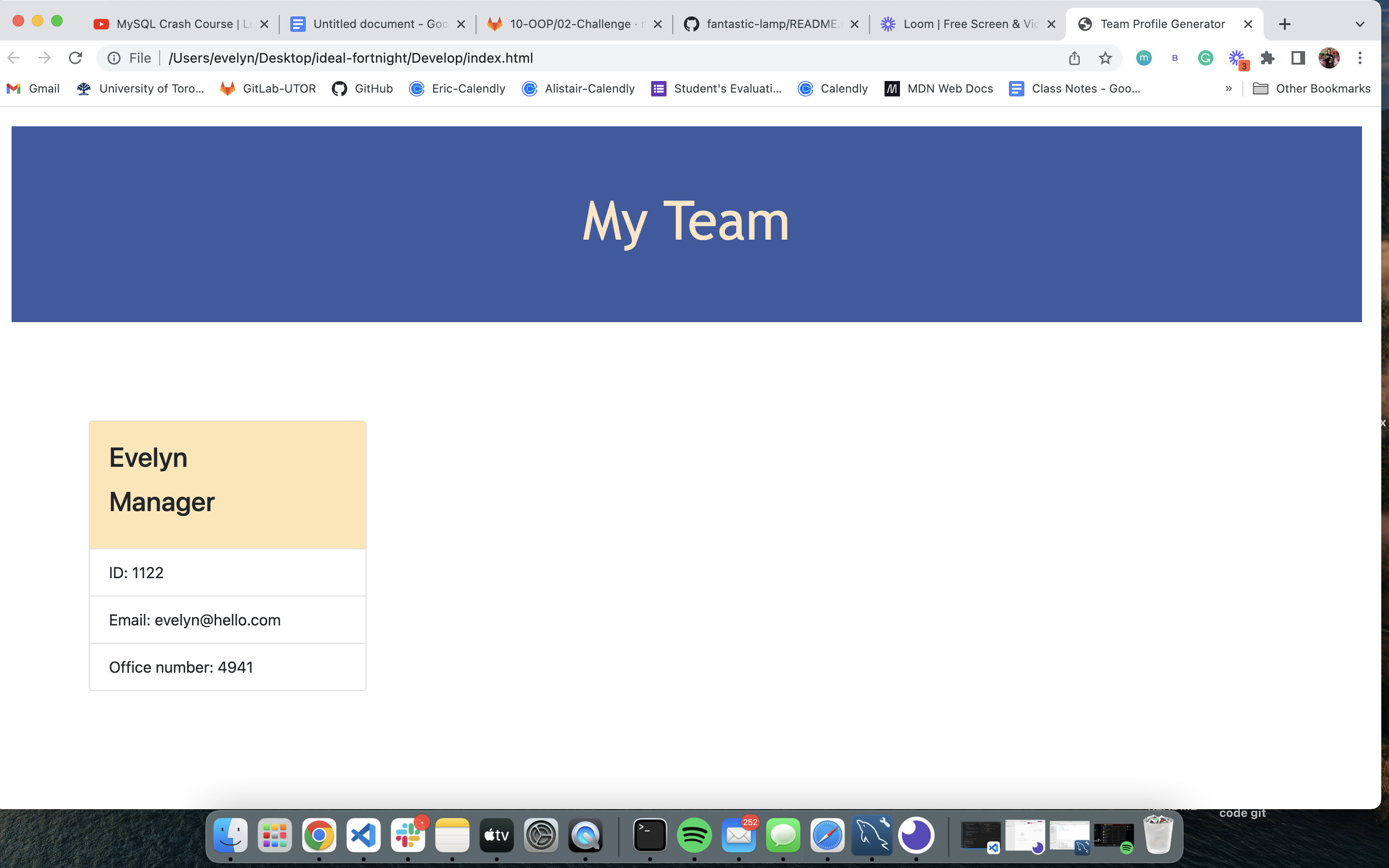 HTML webpage titled “My Team”