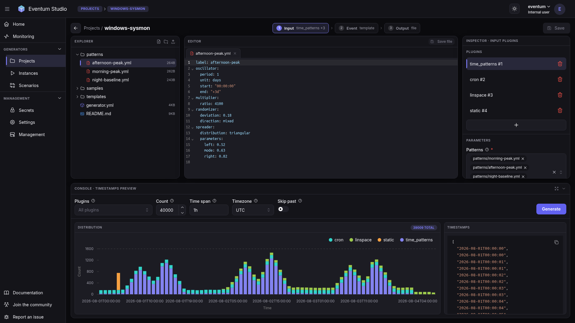 Eventum Studio — an open project with four input plugins and the timestamp distribution they produce together