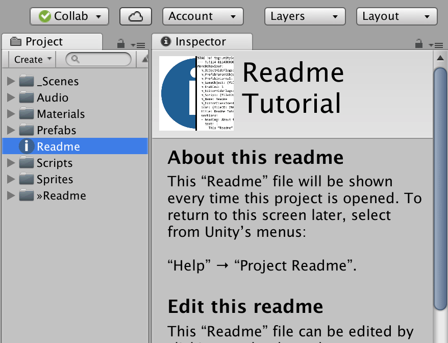 Screenshot of Unity 2018 showing the inspector with Readme content.