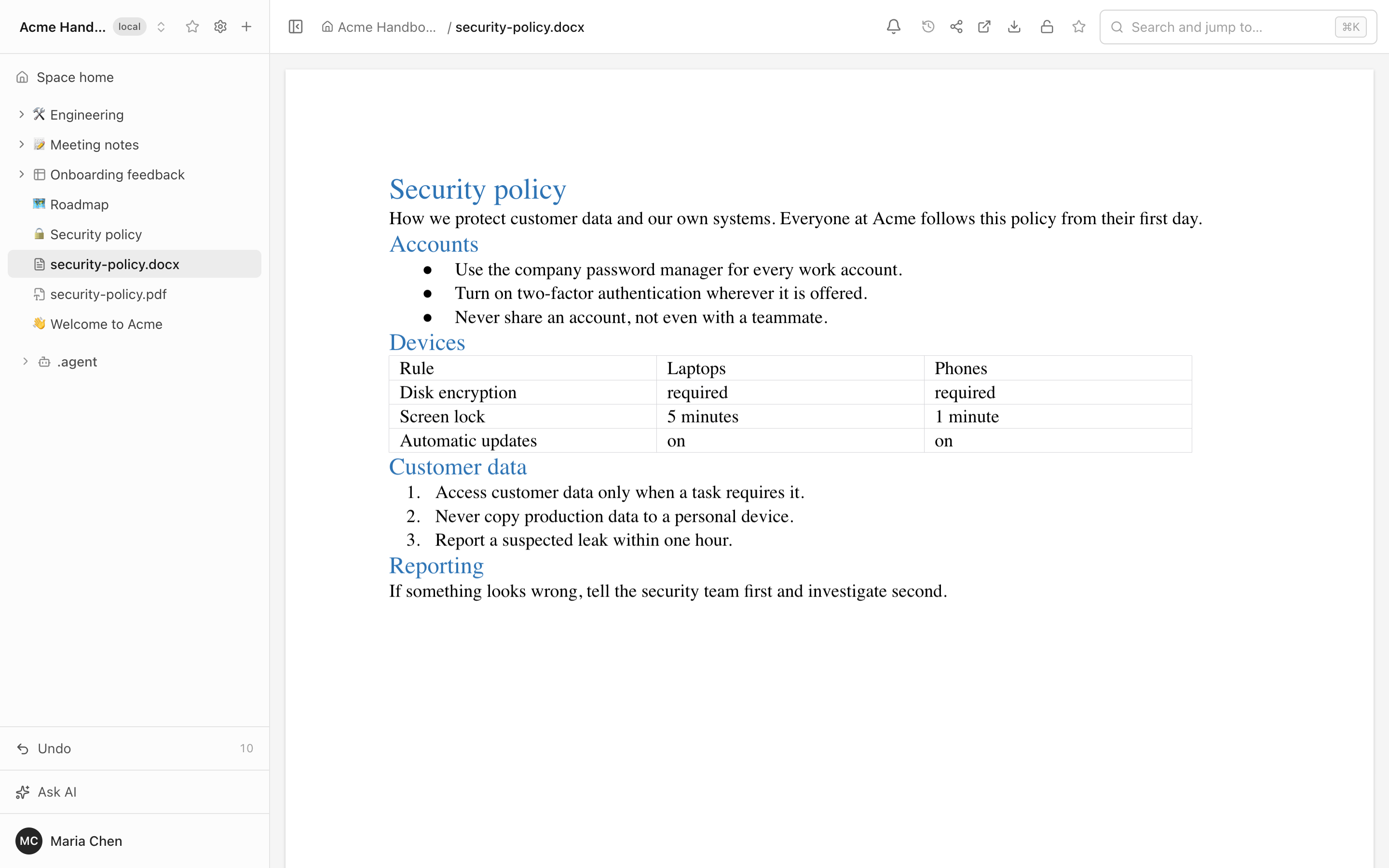 A Word document previewed inside Folio