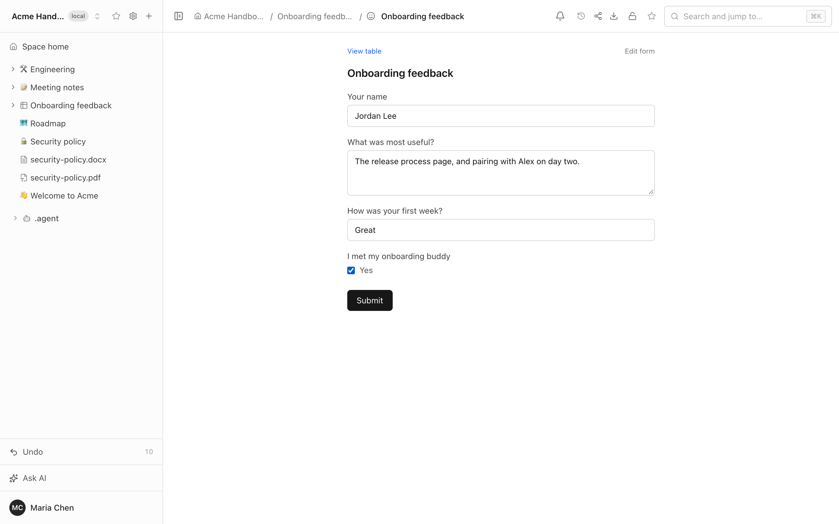 A form that writes into a table