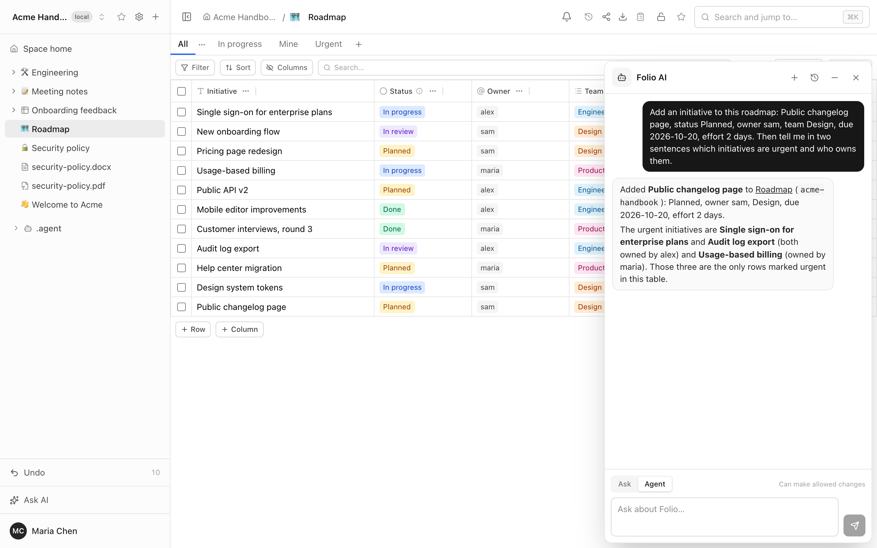 The assistant adds a row to the roadmap and answers from the data
