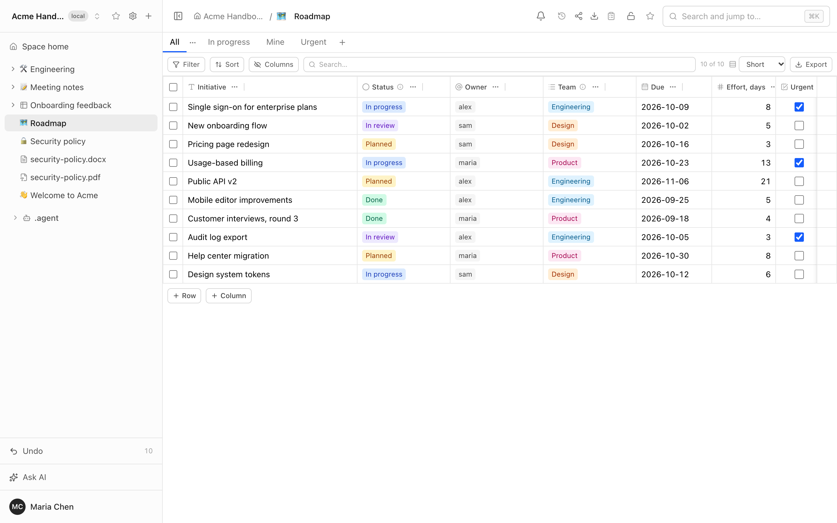 A roadmap as a data table