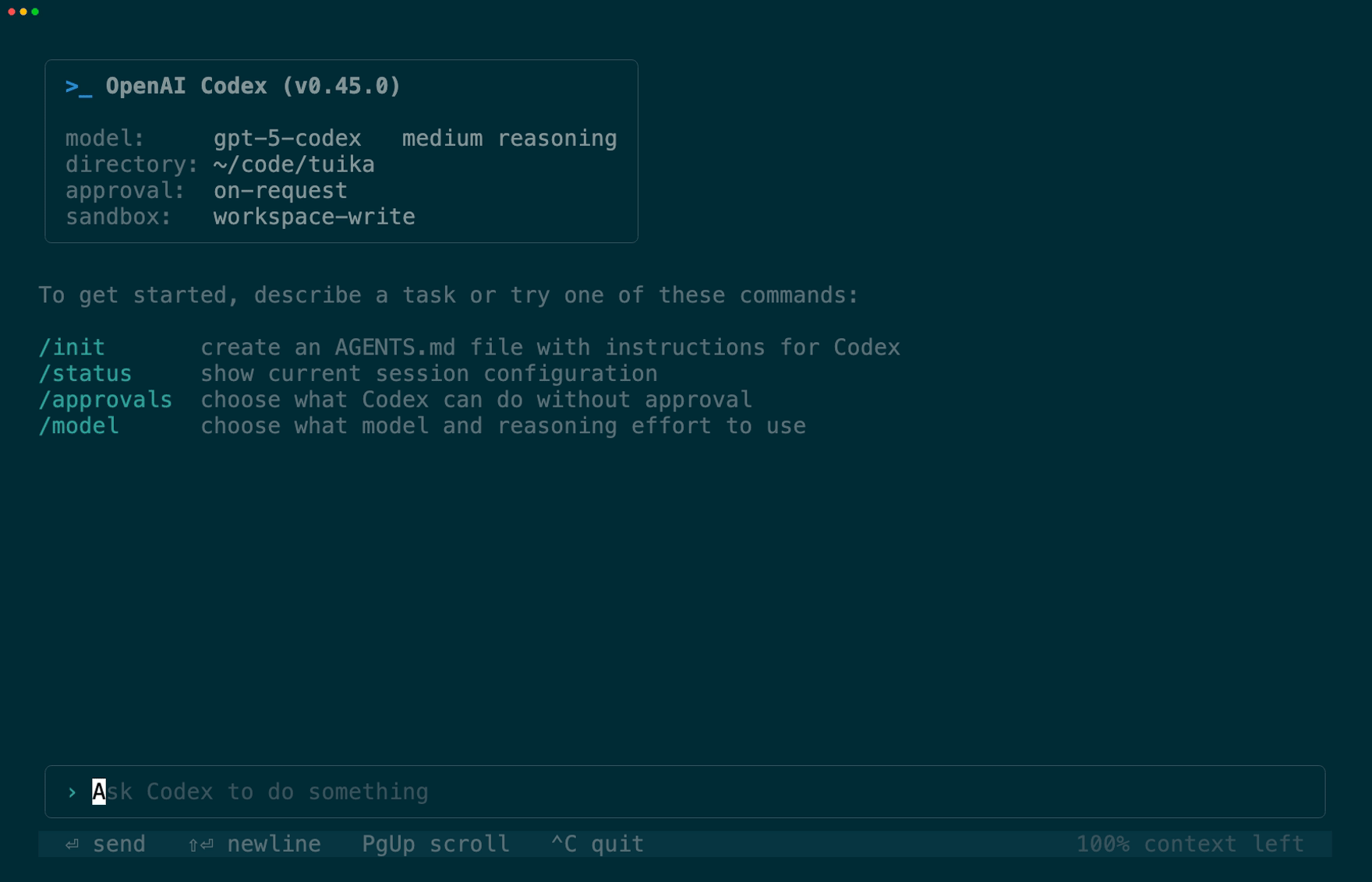 The codex example, a replica of the Codex CLI built on tuika: a slash-command popup filtering as it is typed, an @-file picker completing a path in the composer, then a scripted turn — streamed reasoning, an approval prompt for a destructive command answered from the keyboard, command output, and a streamed markdown answer.