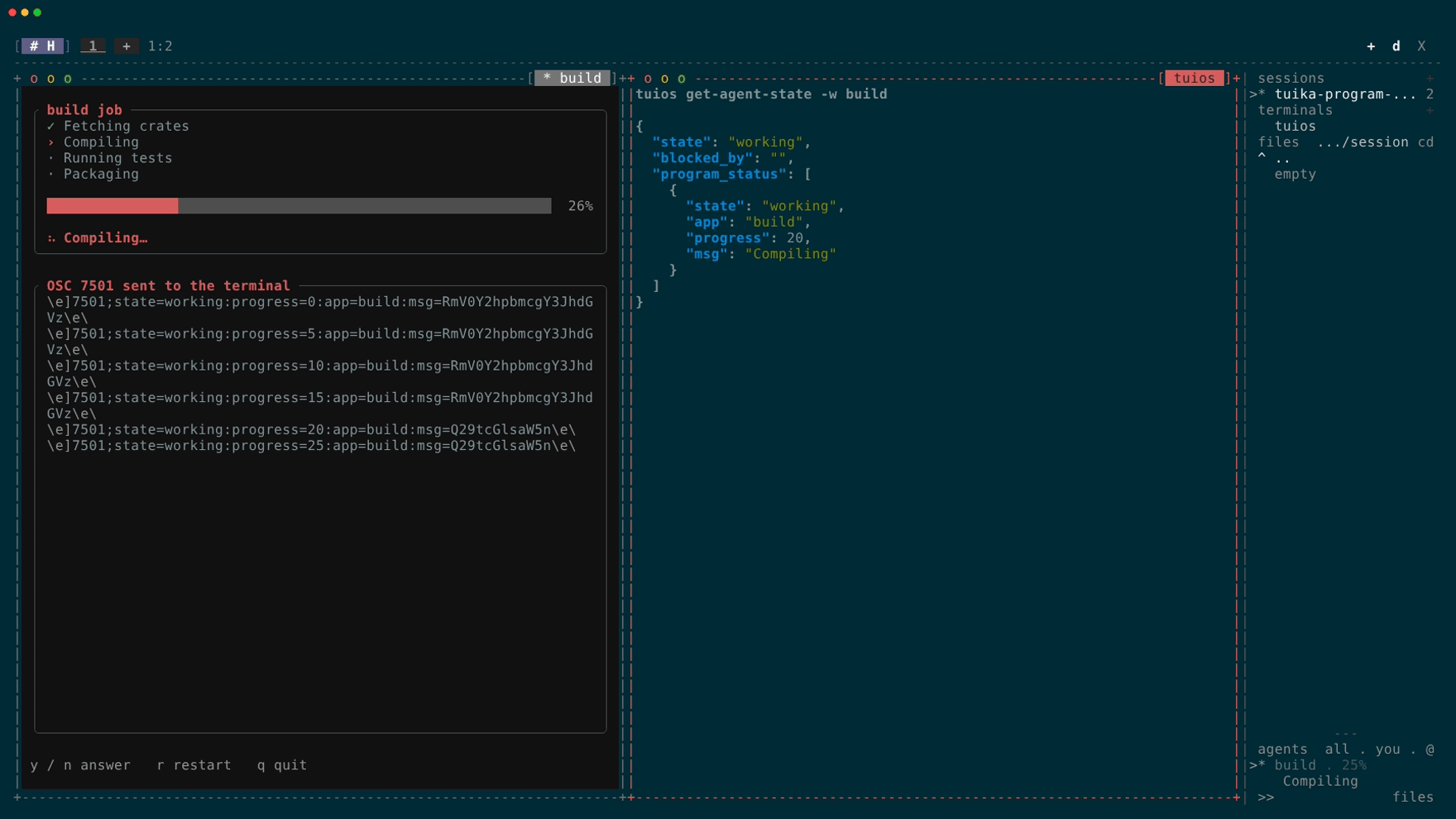 The program_status example running in a tuios pane beside a live tuios get-agent-state readout: a build job reports working with rising progress, blocks on a question at 85%, finishes after y, and its record disappears when it quits.