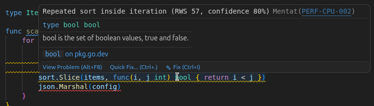 Mentat findings displayed in the VS Code Problems panel