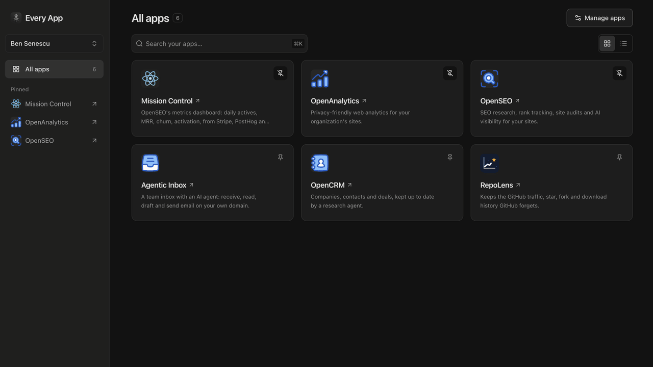 EveryApp app launcher, OpenSEO, and secure Gateway demo