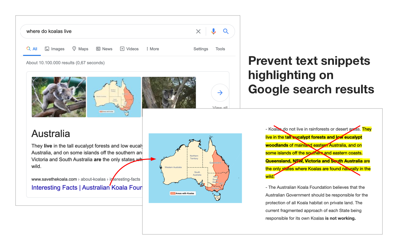 Screenshots of Disable Text Highlights from Google Search Results extension
