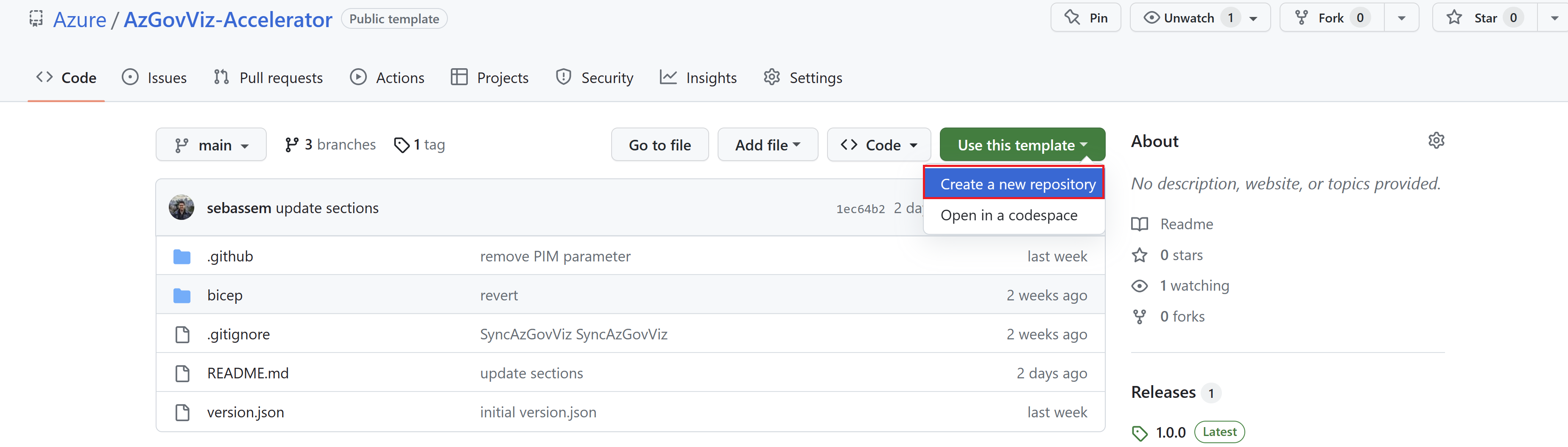 Screenshot showing creating a new repository from a template on GitHub.com