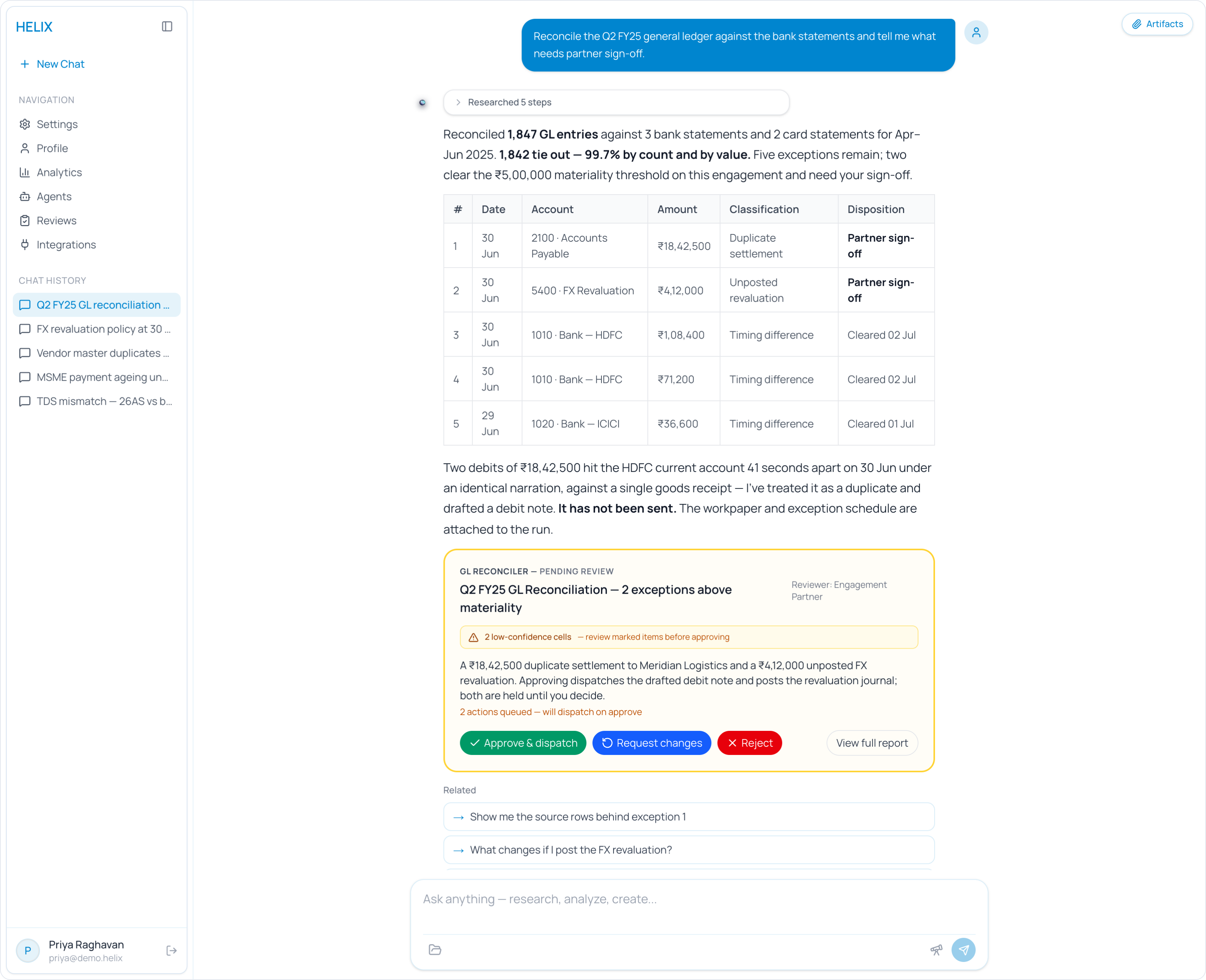 The Helix chat surface: a ledger reconciliation answered with an exceptions table and a review card awaiting partner sign-off