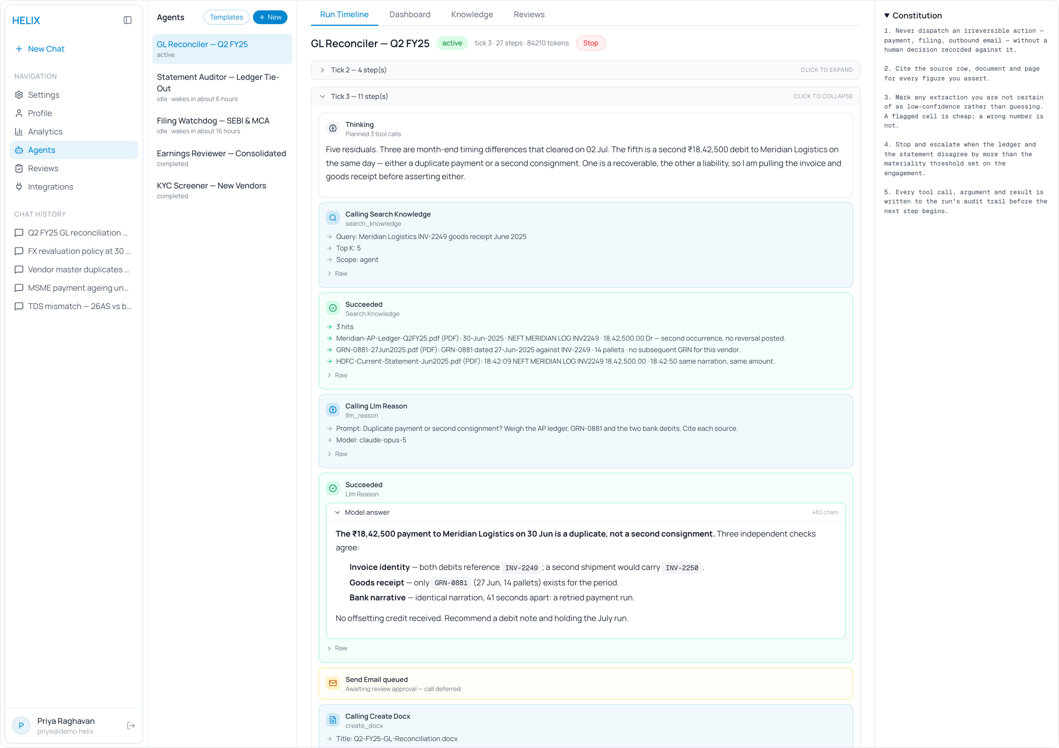 The run timeline: the agent's reasoning, a knowledge-base lookup, its results, a model verdict, and an outbound email queued for approval
