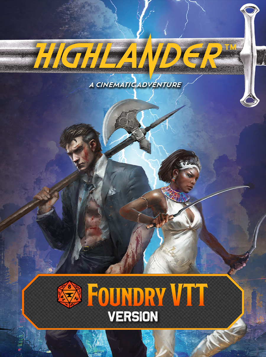 Highlander cover artwork with the text over a sword and two immortal heroes beneath