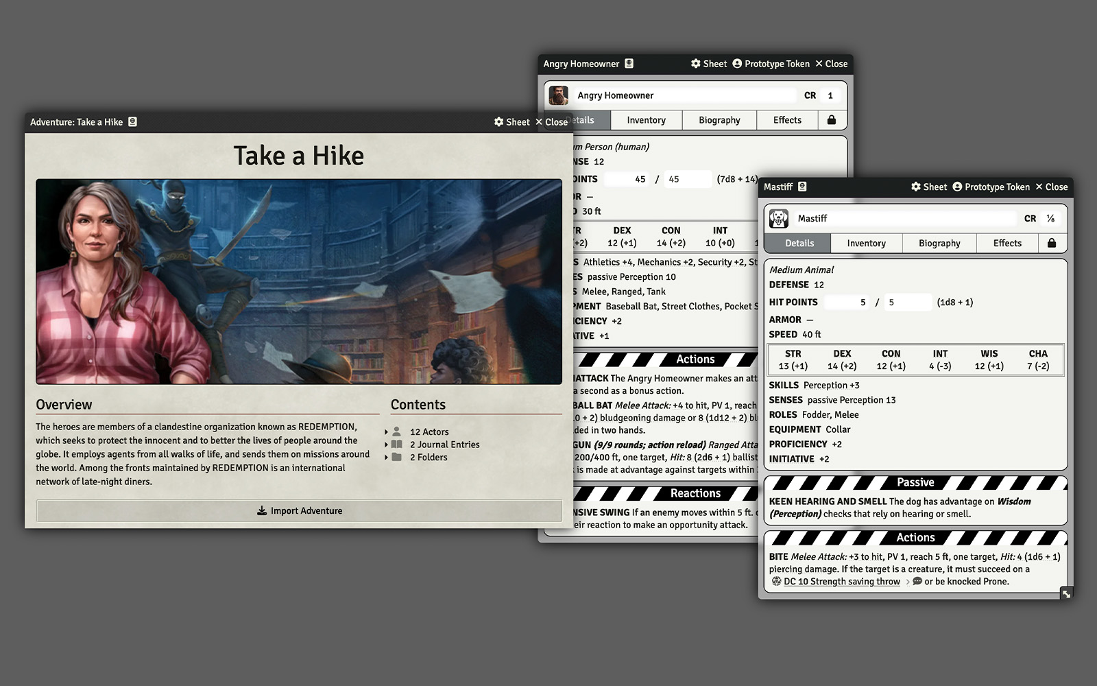 Screenshot of the adventure's importer and two stat blocks: Angry Homeowner and Mastiff.