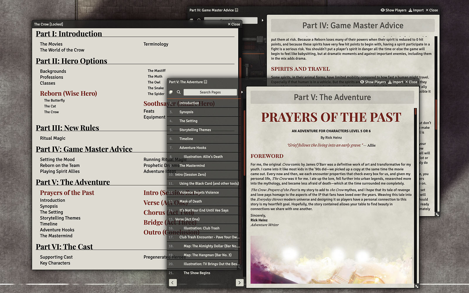 Screenshot of The Crow module with several compendiums open, the front one showing the first page of the Prayers of the Past adventure.