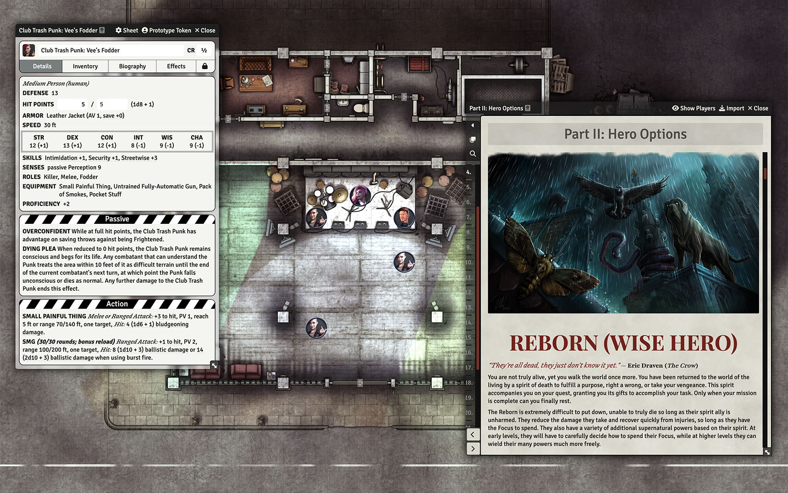 Screenshot of The Crow module with an NPC sheet and the compendium open to the Reborn Hero page.