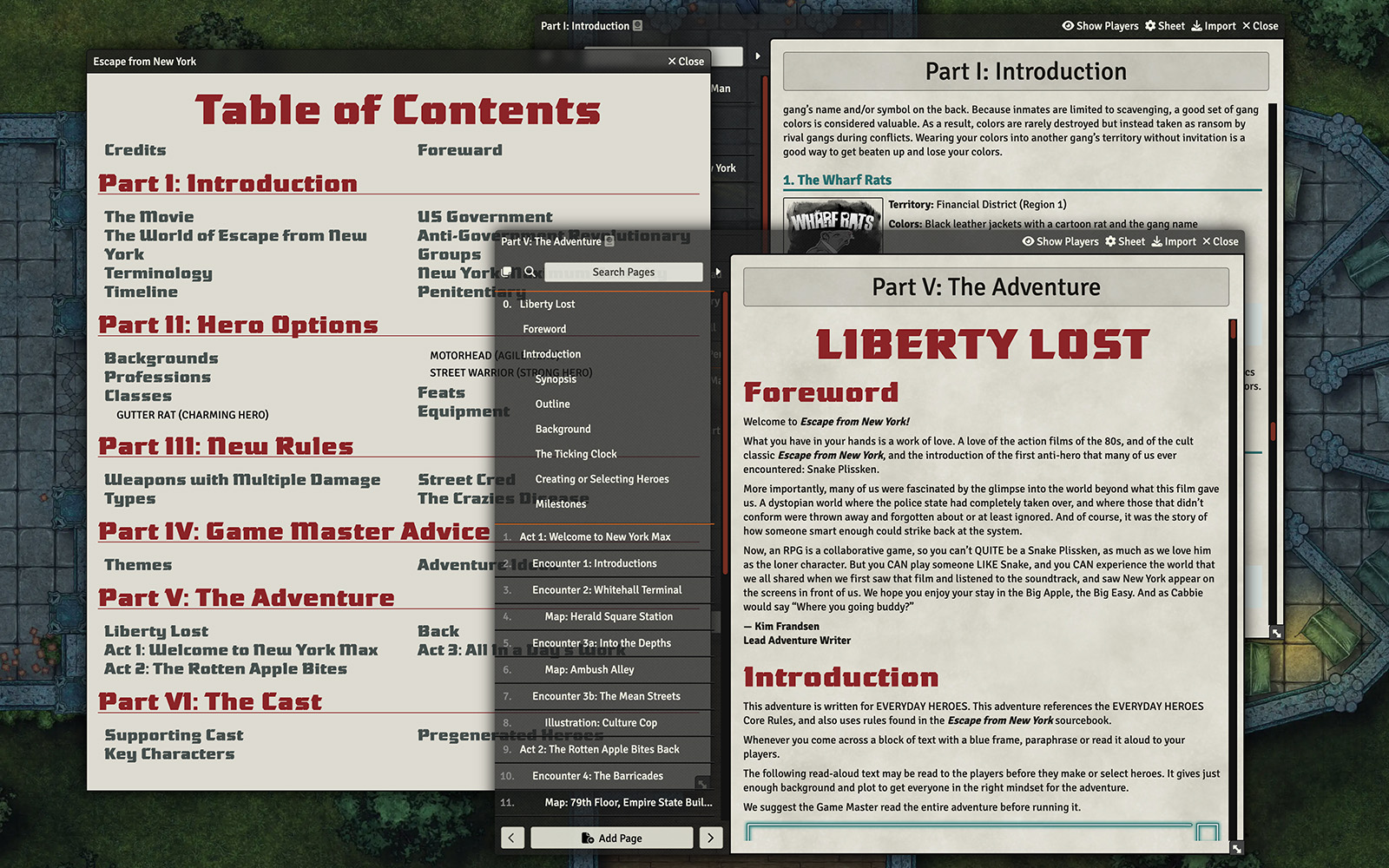 Screenshot of Escape from New York module with several compendiums open, the front one showing the first page of the Liberty Lost adventure.