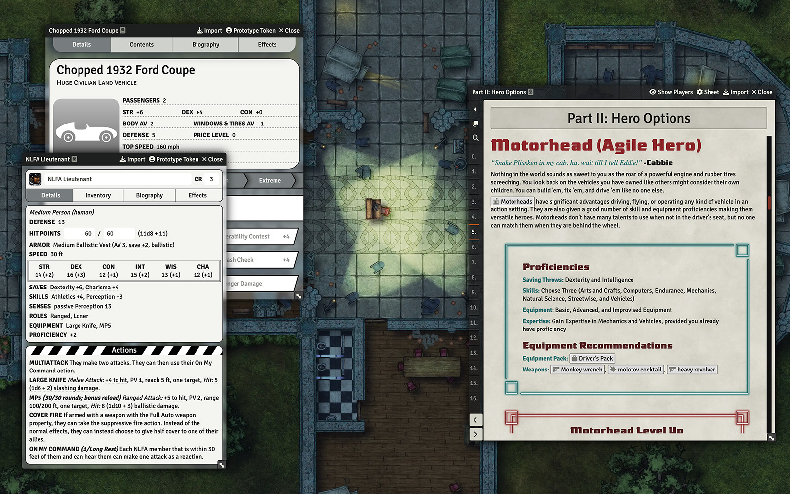 Screenshot of Escape from New York module with a NPC sheet, vehicle sheet, and compendium open to the Motorhead hero page.