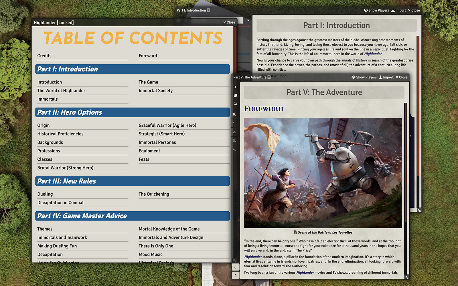Screenshot of Highlander module with several compendiums open, the front one showing the introduction page with some artwork representing Battle of Les Tourelles.