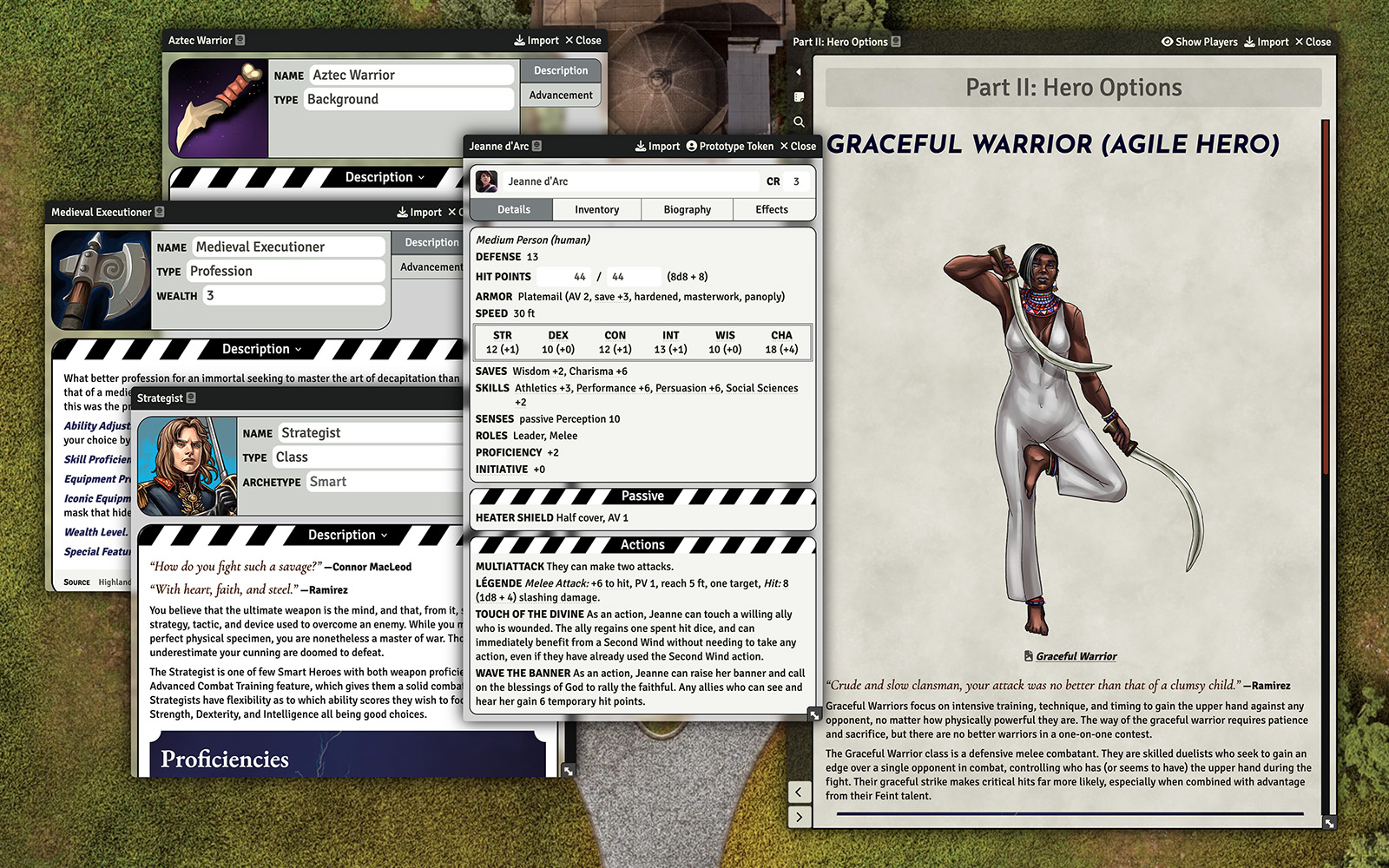 Screenshot of Highlander module with a background, profession, and class sheet, Jeanne d'Arc NPC sheet, and the Graceful Warrior class journal entry open..