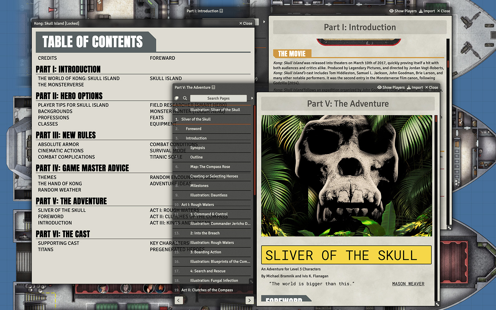 Screenshot of Kong: Skull Island module with several compendiums open, the front one showing the first page of the Sliver of the Skull adventure.