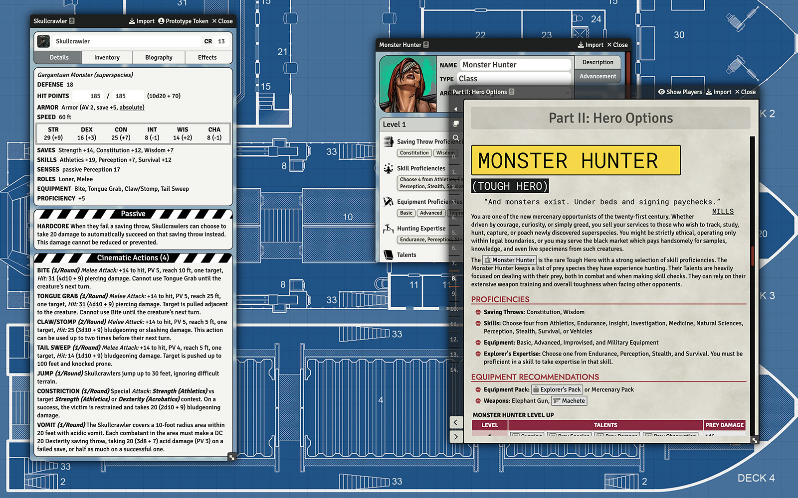 Screenshot of Kong: Skull Island module with an NPC sheet and the compendium open to the Monster Hunter page.