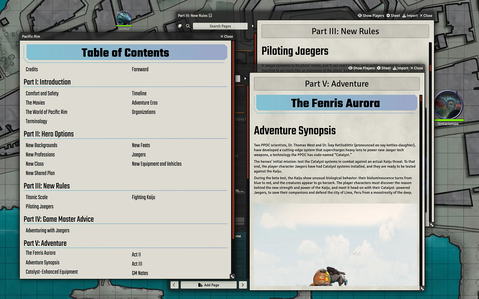 Screenshot of Pacific Rim module with several compendiums open, the front one showing the first page of The Fenris Aurora adventure.