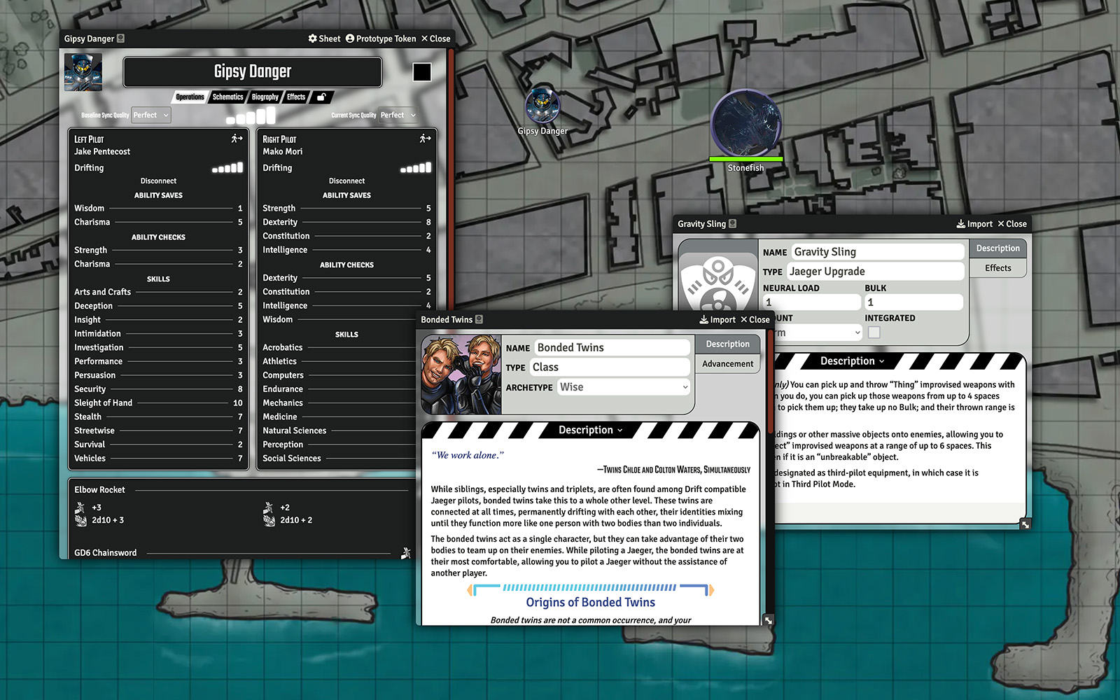 Screenshot of Pacific Rim module with a jaeger sheet, the Bonded Twins class, and some jaeger equipment open.