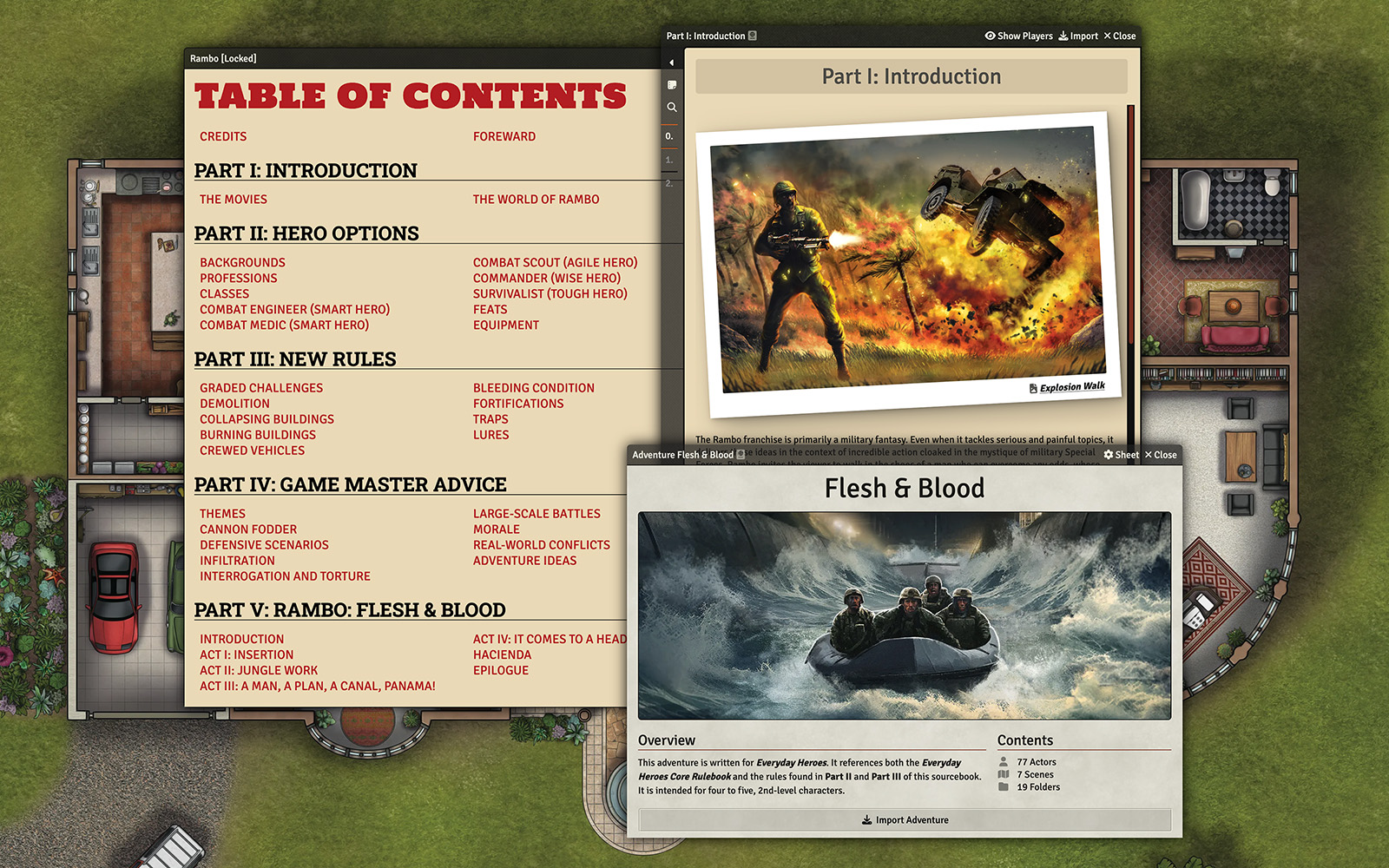 Screenshot of Rambo module with the table of contents, introduction journal, and Flesh & Blood adventure open.