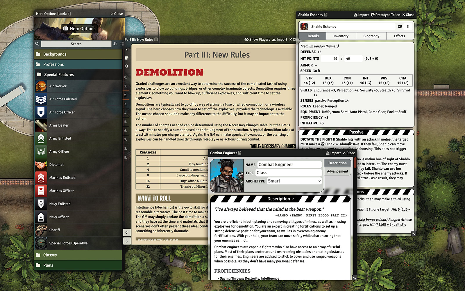 Screenshot of Rambo module with the hero options compendium, demolition rules, Combat Engineer class, & an NPC open.