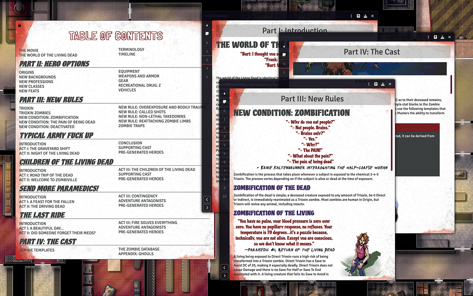 Screenshot of the book's Table of Contents with journal pages open to the Introduction, The Cast, and New Rules chapters.
