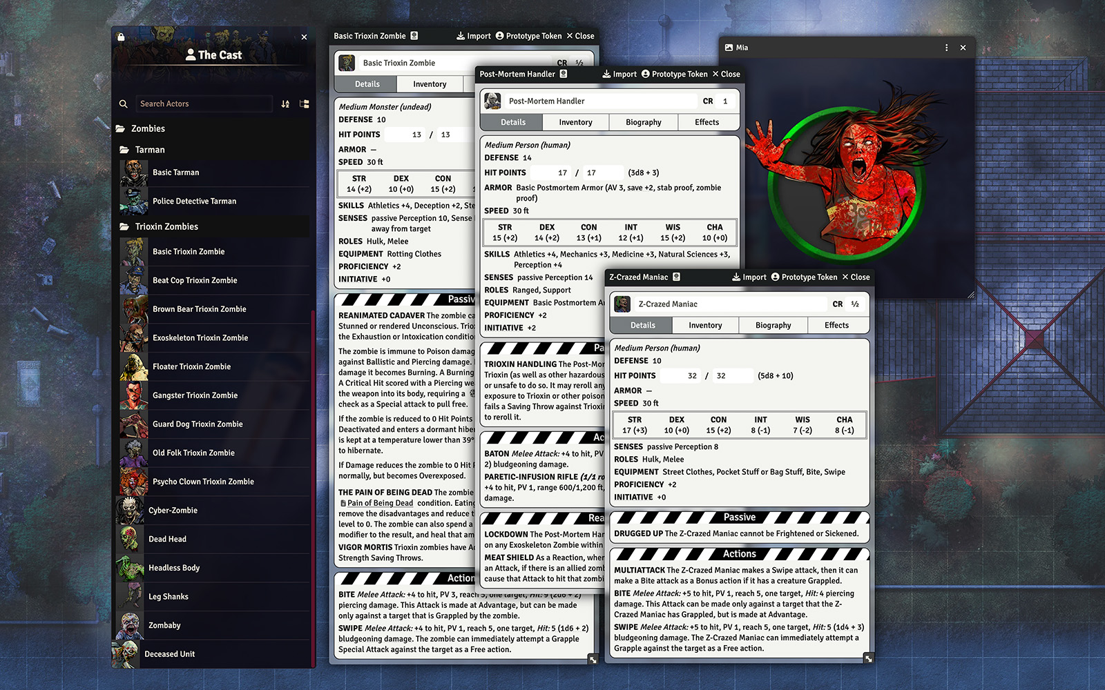 Screenshot of a compendium open to the monster list with open stat blocks for the Basic Trioxin Zombie, Post-Mortem Handler, and Z-Crazed Maniac and a image viewer depicting a bloody zombie token.