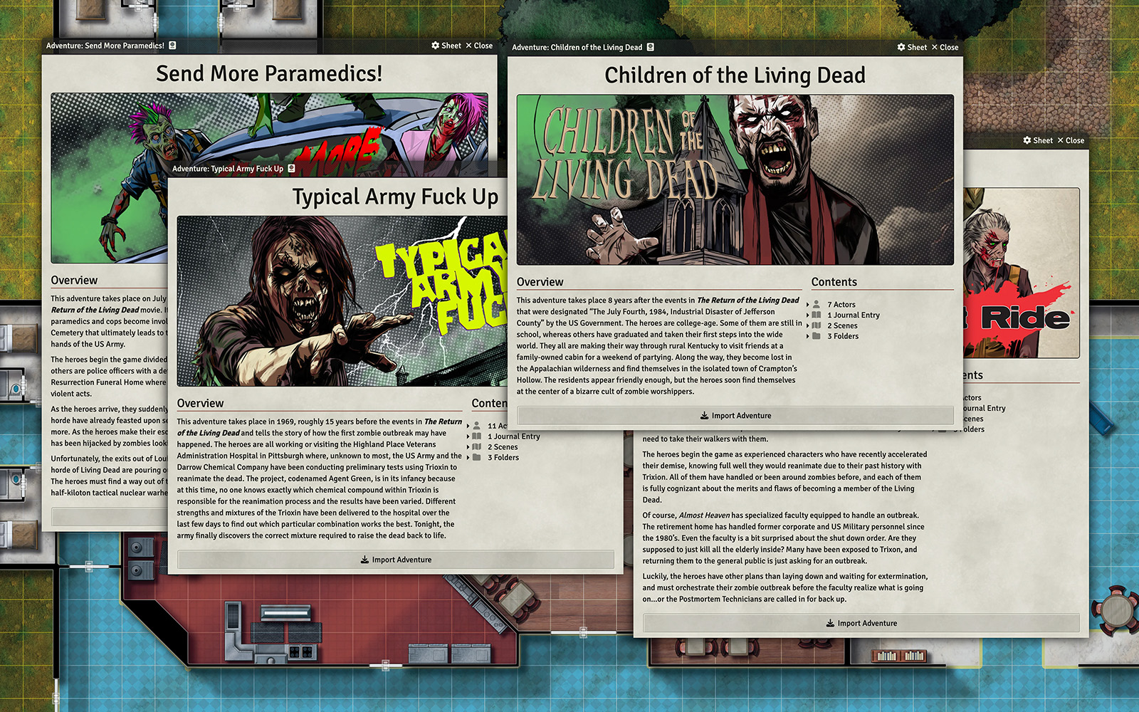 Screenshot of the adventure importer dialogs for the four adventures: Send More Paramedics!, Typical Army Fuck Up, Children of the Living Dead, and The Last Ride.