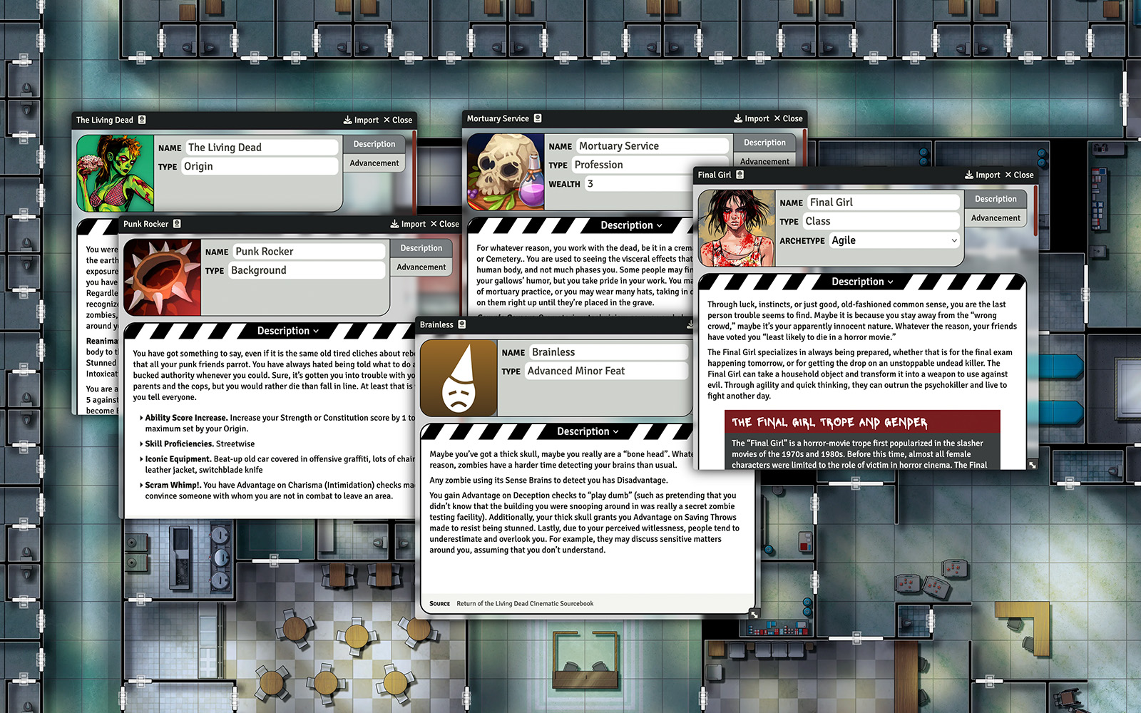 Screenshot of various hero option sheets open: The Living Dead origin, Punk Rocker background, Mortuary Service profession, Brainless feat, and Final Girl class.