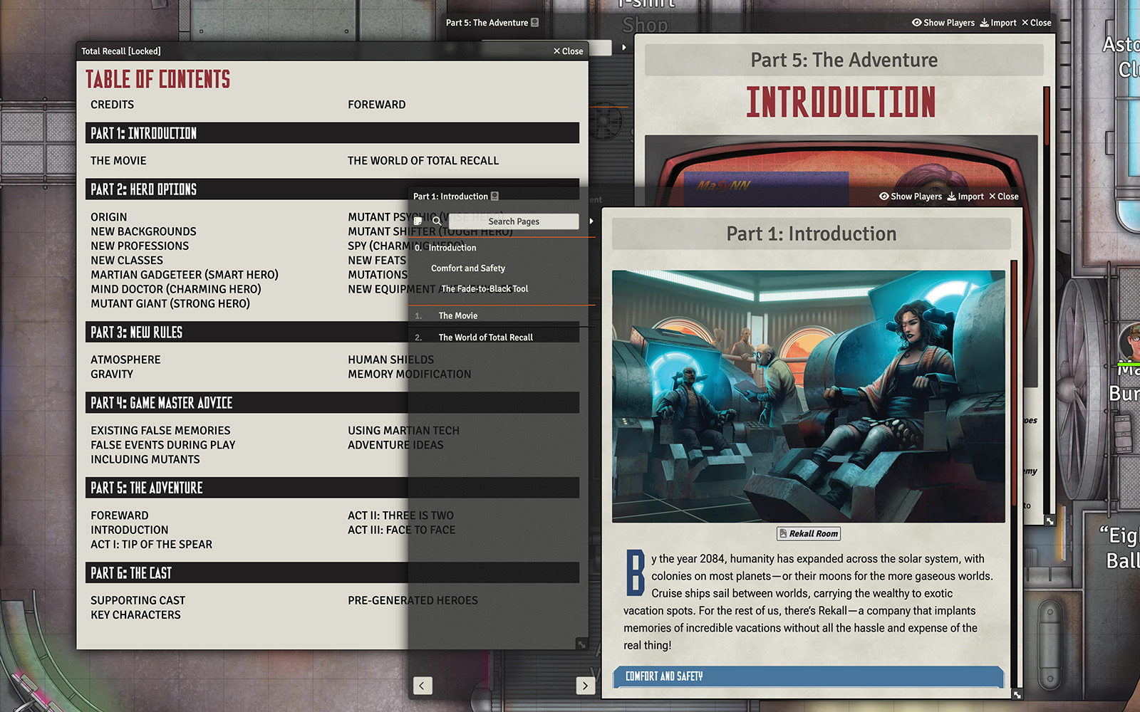 Screenshot of Total Recall module with several compendiums open, the front one showing the introduction page with some artwork representing the Rekall operation.