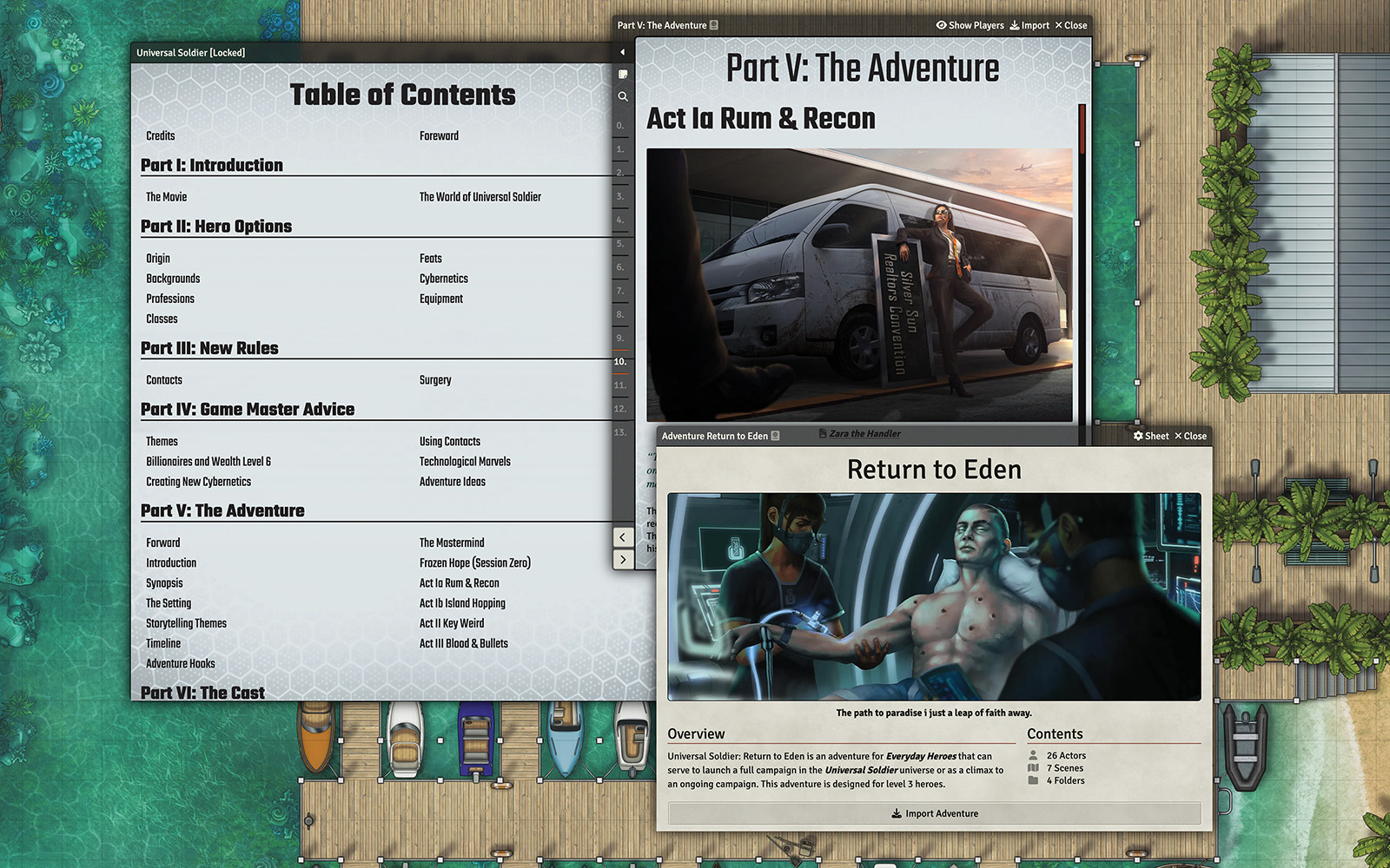 Screenshot of Universal Soldier module with the table of contents, adventure journal, and Return to Eden adventure open.