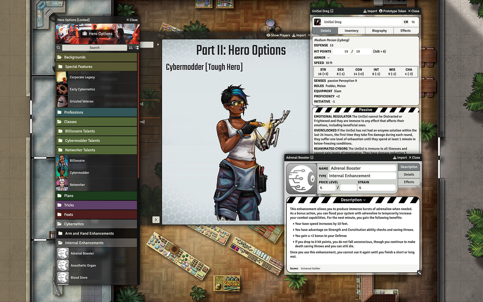 Screenshot of Universal Soldier module with the hero options compendium, Cybermodder journal page, Adrenal Booster cybernetic enhancement, & an NPC open.