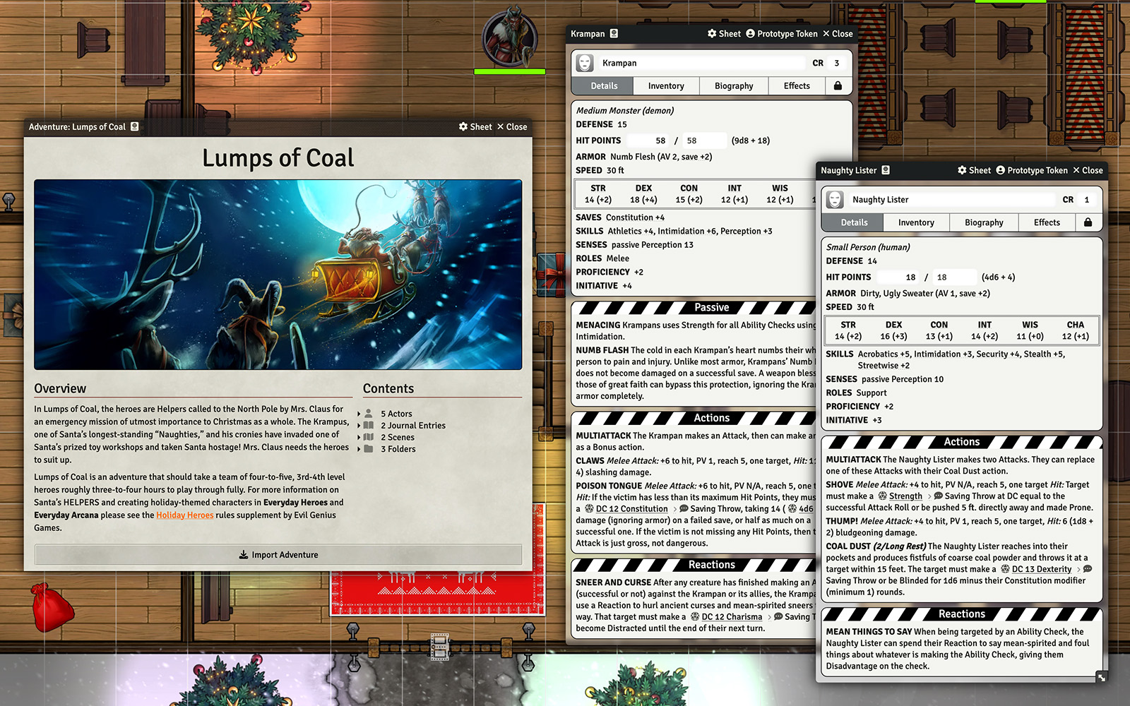 Screenshot of the Lumps of Coal adventure importer open with the Krampan and Naughty Lister NPC sheets.