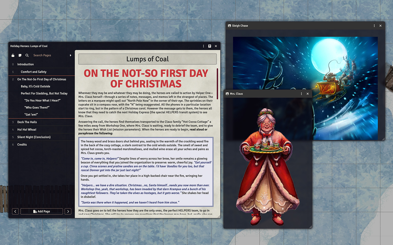 Screenshot of the journal open to a page of the adventure and artwork for a sleigh chase and Mrs. Claus.