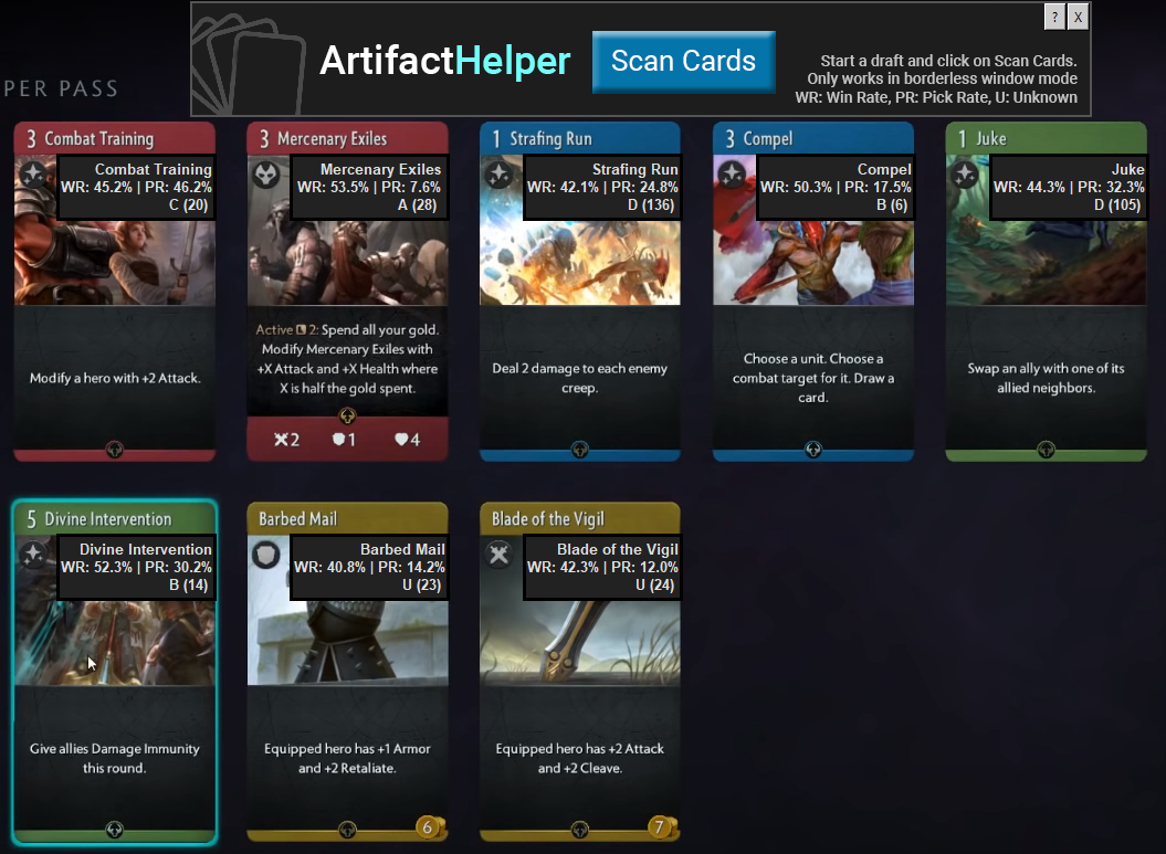 Artifact Helper showing card tiers, win rates and pick rates