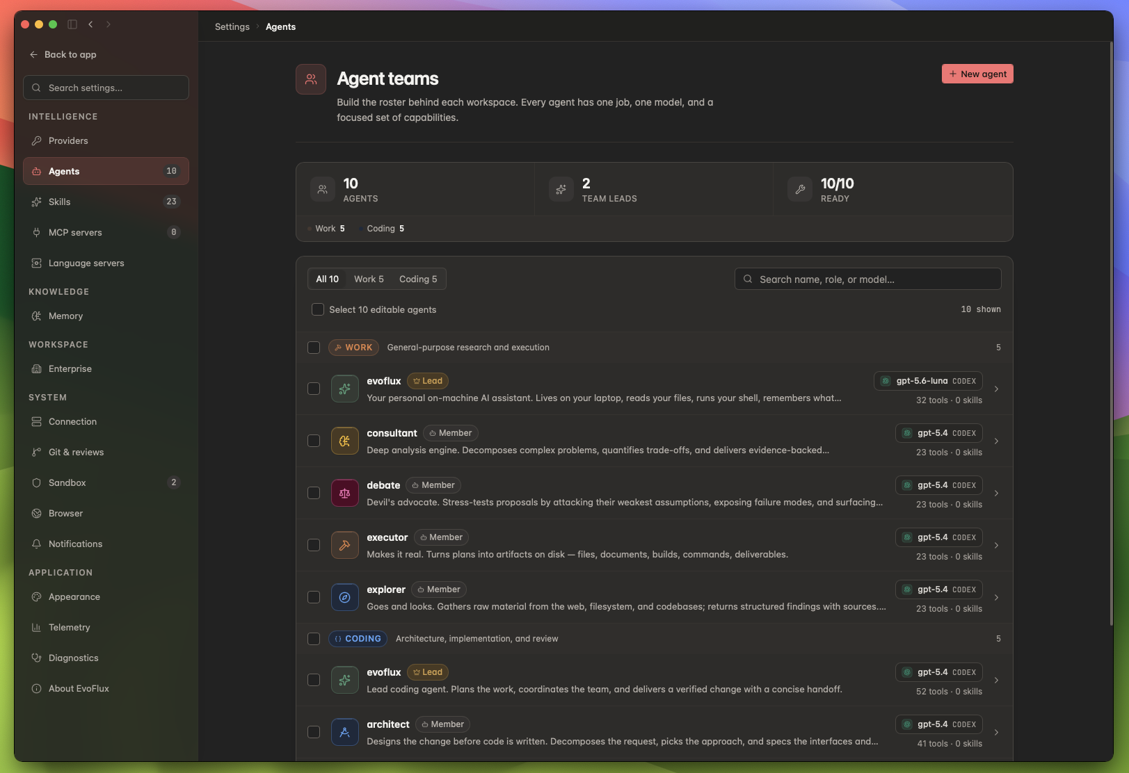 EvoFlux agent team settings with Work and Coding specialists