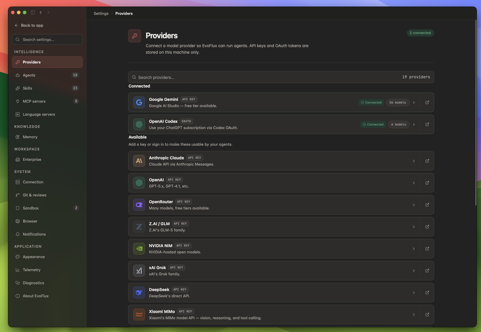EvoFlux model provider catalog